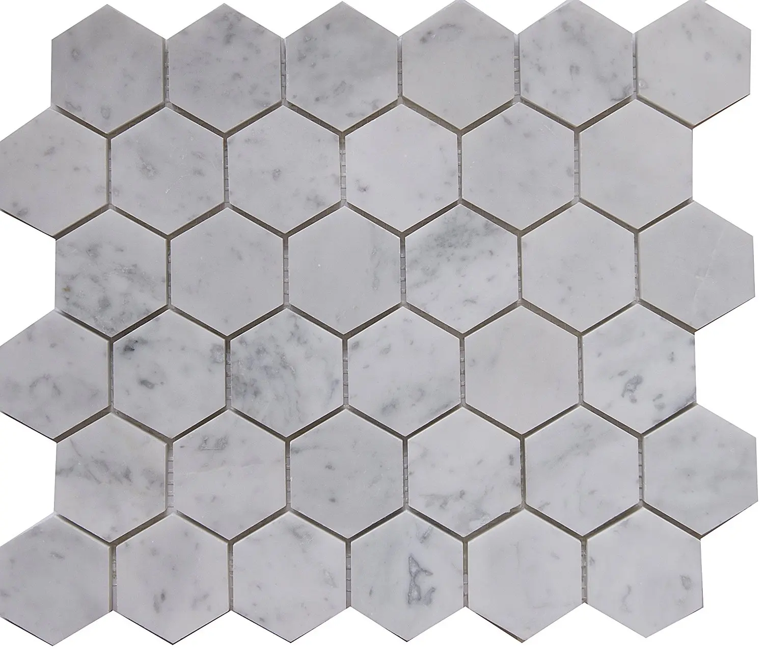 Carrara White Marble Mosaic Tile, CWMM2HEX, Chip Size 2" Hexagon, 12"X10"X3/8", Polished (Box of 5 Sheets)