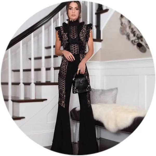 

wholesale arrivals high quality black rayon women sleeveless high neck sexy lace loose long bell-bottoms bandage jumpsuit C1583, Black purple