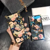 

blue light color phone case Rectangle Square Flower Painting Phone Case with holder For iPhone 11 XS Max XR X 8 7 6 6S Plus