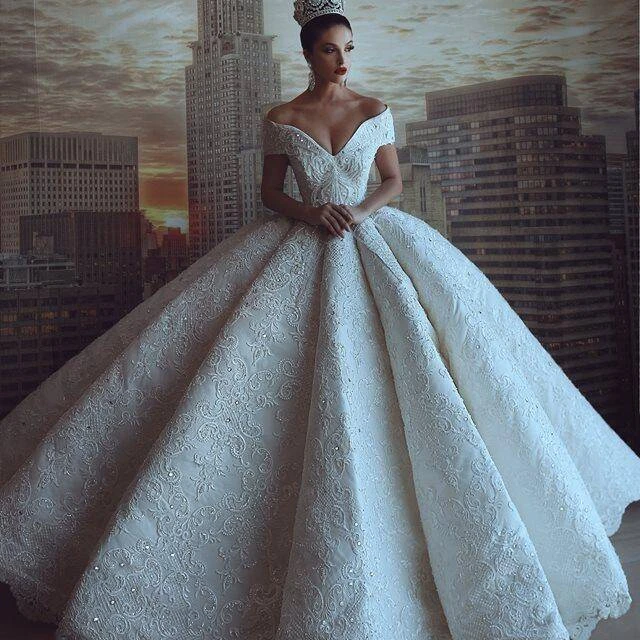 Luxury Crystal Beaded Lace Wedding Dress White//Ivory Cathedral Train Bridal Gown
