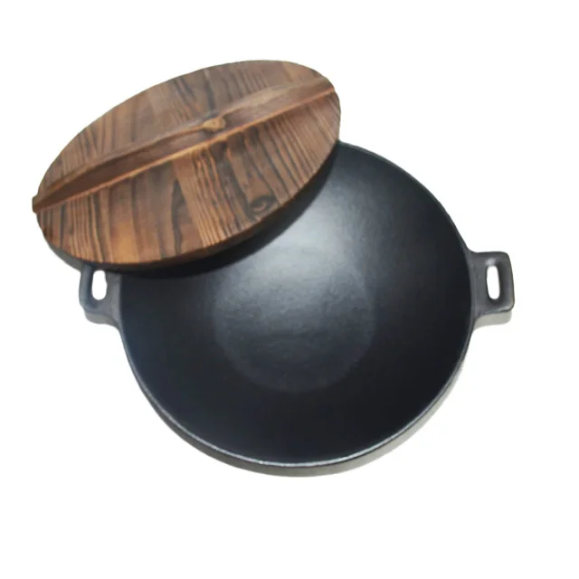 
Two ears big commercial restaurant usage cast iron chinese wok with wooden lid and bracket wholesale cookware set 