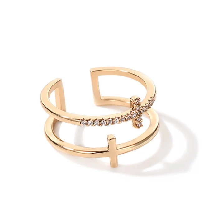 

Adjustable Open Ended 2 Layered Diamond Ring With Cross