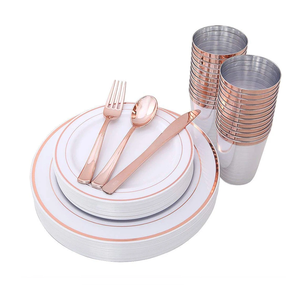 

Professional silver gold plastic disposable cutlery sets 25 10.25plate 25 7.5"plate 25 knife 25 fork 25 spoon 25 10oz cup, Pictured or customized color