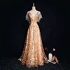 V Neck A Line Beaded Gold Lace Evening Dresses 2018 New Style Short Sleeve Designer European Style Evening Gowns