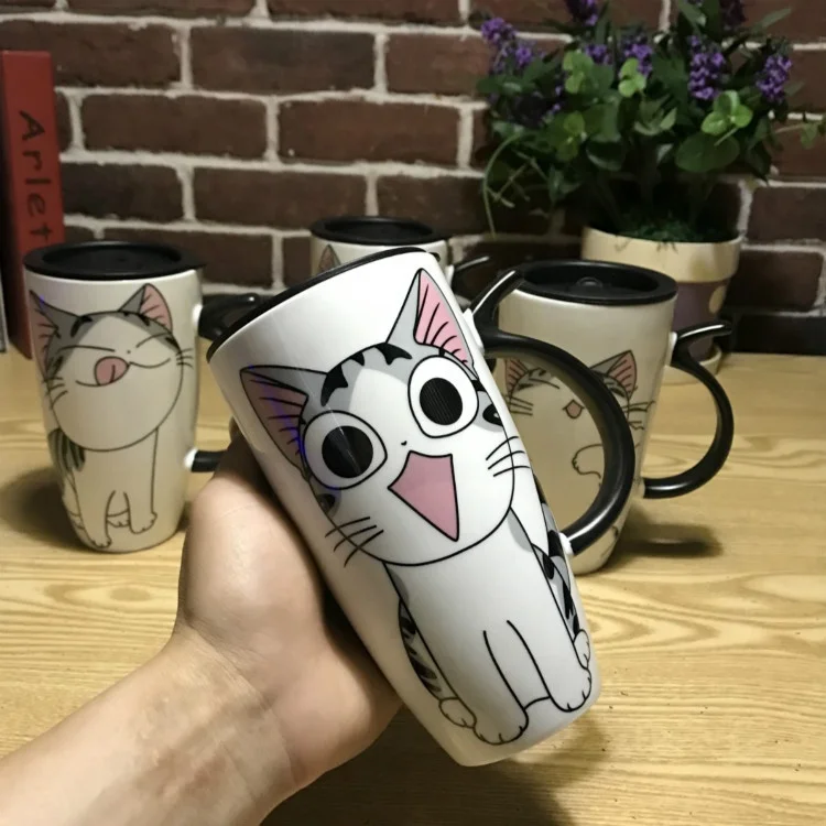 

Promotion Gifts 600ml Creative Cartoon Cat Travel Coffee Cup Ceramic Mug With Sealing Lid and Straw, 4 pattern for choose