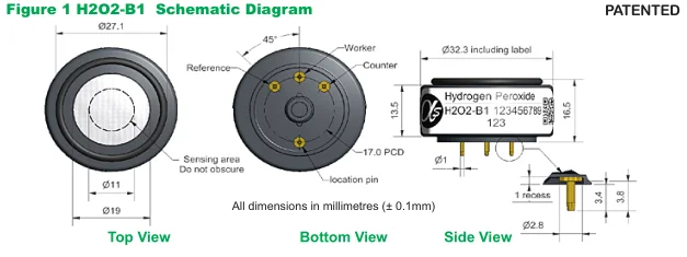Alphasense Electrochemical Hydrogen Peroxide Gas Sensor for H2O2 in air Detection 0-5000ppm H2O2-B1