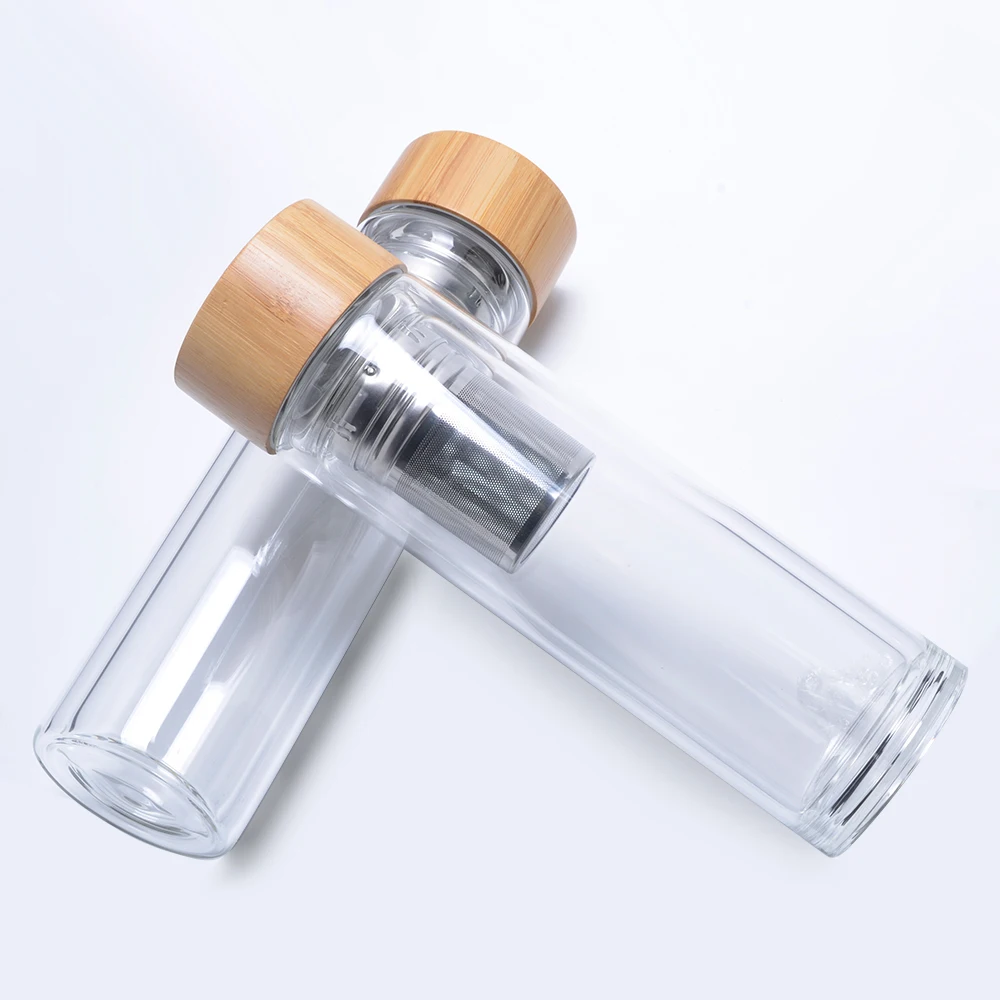 
400ml 500ml Bamboo Lid Double wall Borosilicate Glass Tea Infuser Tumbler Mug With Strainer 