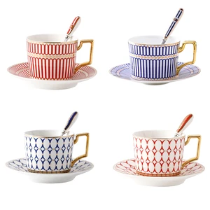 Image of british style bone china ceramic coffee cup with saucer and spoon gold trim coffee mug english afternoon tea porcelain cappuccin