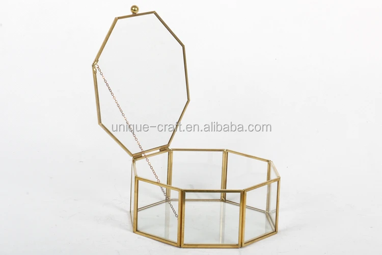 Hexagonal Gold Jewelry Storage Box Clear Glass, Favor Box Wedding, Countertop Geometric Glass Box
