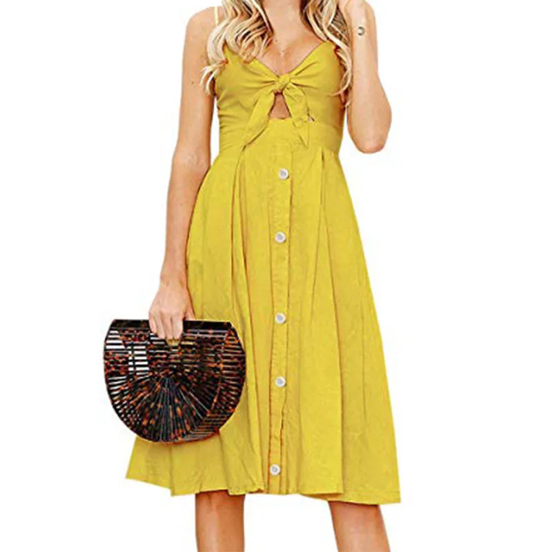 

High Quality 2019 In Stock Deep V Cotton A-line One-piece Maxi Dress With Bowknot Ladies Summer Beach Swing Sun Dress, Colorful