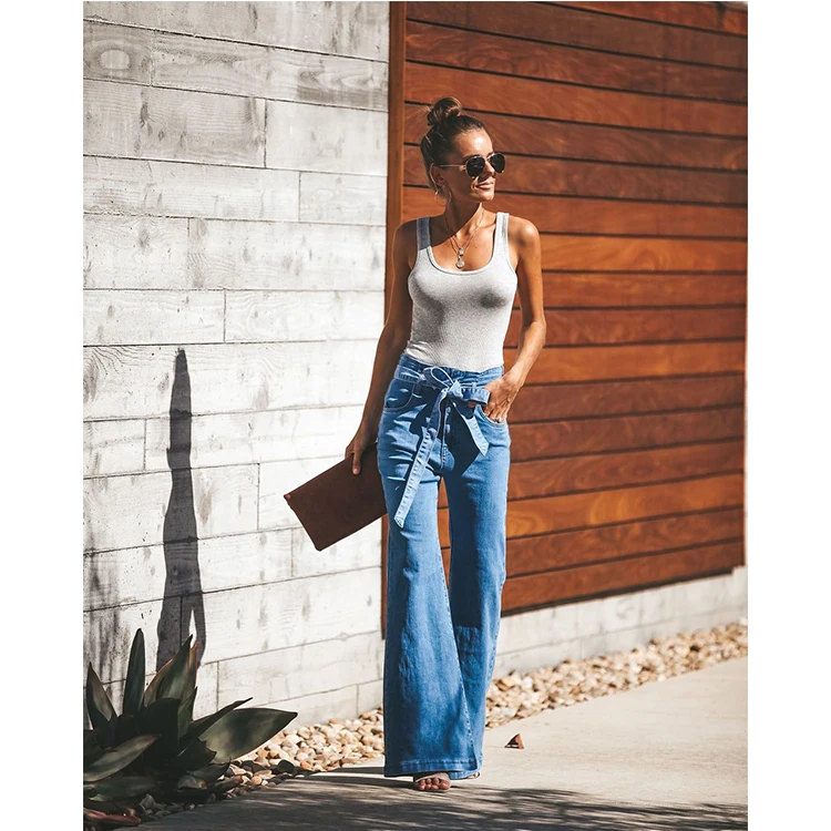 Flare Jeans Women High Waist Blue Jeans Wash Vintage Wide Leg Belted Stretchy Denim Jeans Women