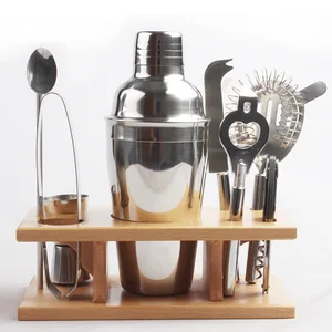 Image of customized stainless steel bar tools 9 pcs bartender cocktail shaker set kit with wooden support for party bar home gift