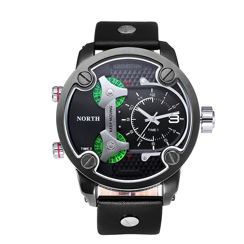 

North 6001-2 men Quartz Leather Strap Analog Wrist Watch Fashion 30m Waterproof Sport Watch