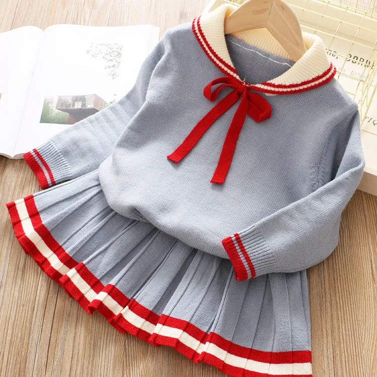 

High Quality School Style Kids Sailor Suit Baby Girl Mini Skirt And Top Set For Wholesale, Light blue