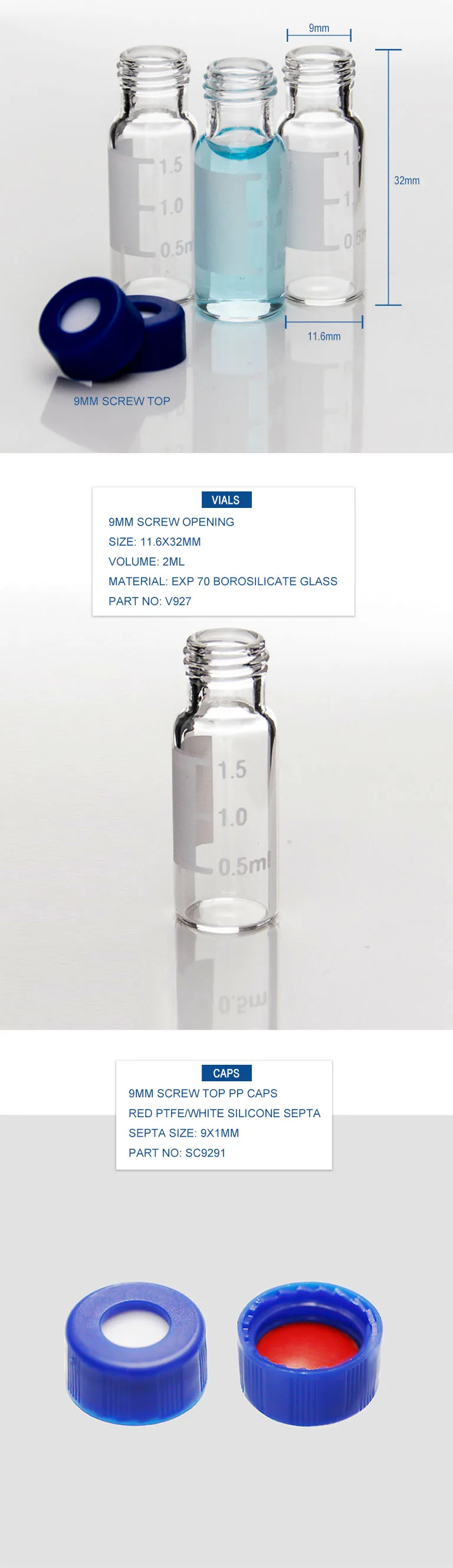 2ml clear glass sample vials with caps and septa