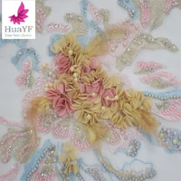 

2019 New arrival beaded bridal lace 3D flower lace with beads embroidery designs flower lace HY1055-2