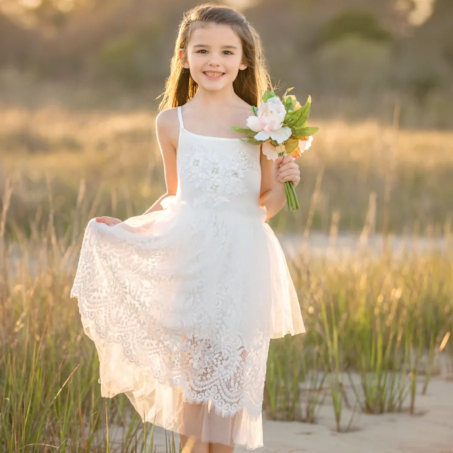 Forwishes Kids chic soft lace and tulle appliqued junior large size 2Y to 14Y Spaghetti Strap wedding flower girl dresses