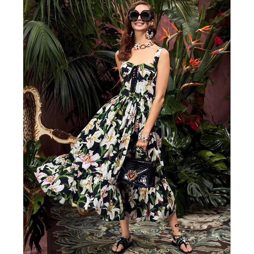 

MIGO 2019 new style strap black colorful flower elegant midi dress for women A3152