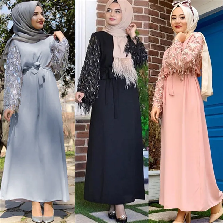 

Hot sale sequin tassel sleeve maxi dress for muslim women and girls, Black,white,pink,orange,light blue