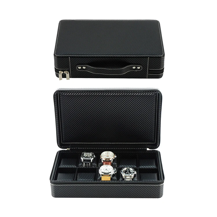 

2019 Top Trend High Quality Black 10 Slots Leather Watch Suitcase Box for display