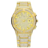 

Mens HipHop Full Stone Luxury Round Quartz Gold Diamond Iced Out Watch Waterproof Wristwatch