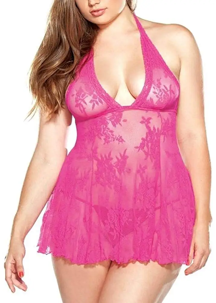 Ella Lust Women's Sexy Black Lace Lingerie, See Through Mesh Stretch Chemise & G-String