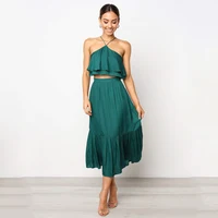 

Off Shoulder Halter Neck Sexy Crops Tops And Long Skirts Two Pieces Suits Ruffles Plus Size Dress Skirts Women Sets