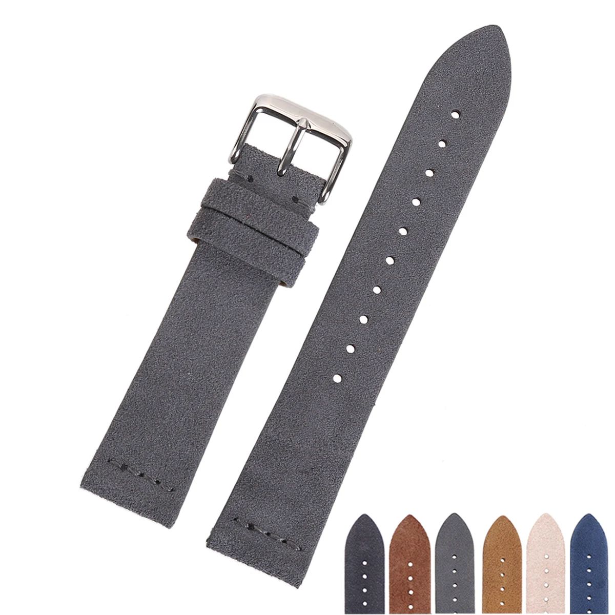 

EACHE Colors Selection Genuine Leather Watch Band Silver Buckle 18mm 20mm 22mm Sued Leather Watch Strap, As photo