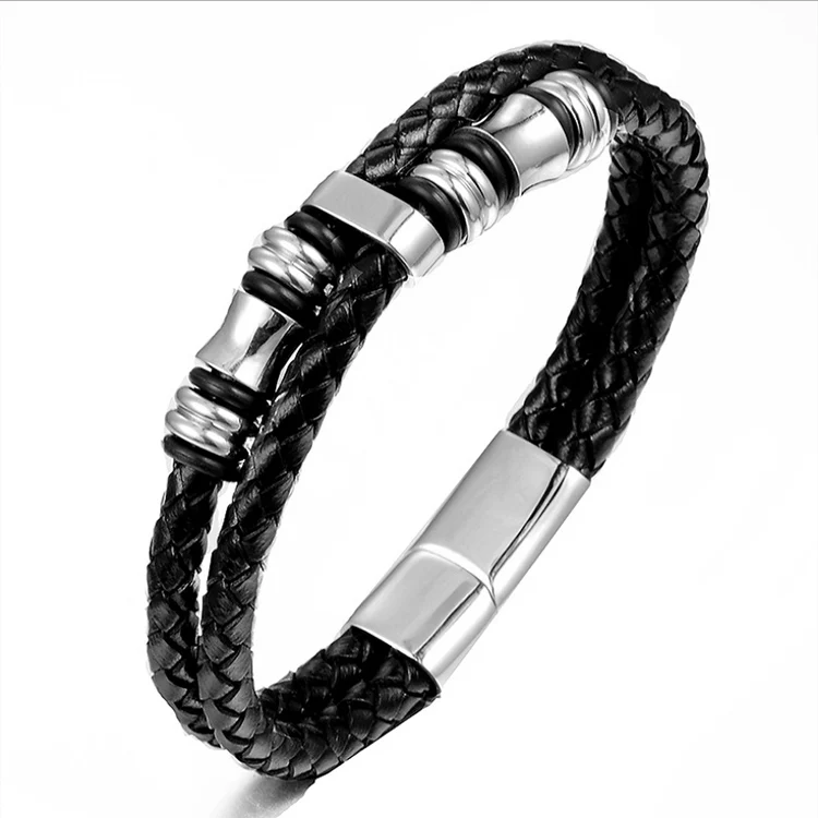 

Popular new titanium steel simple fashion black double wrap braided leather bracelet men