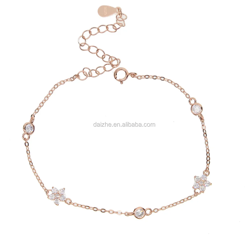 

2021 fashion 925 sterling silver cz paved flower bracelet with 3 color gold rose silver bracelet for wedding wrist bracelet