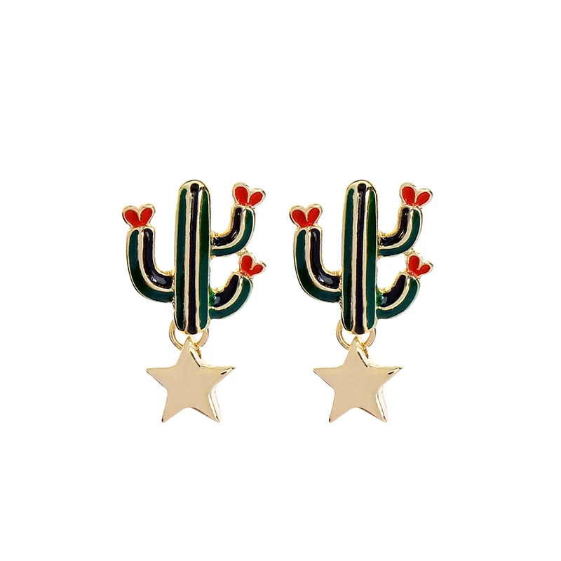 

ed01734c Gold Plating Amazon Earrings Supplier Fashion Jewelry Factory Enamel Green Cactus Earrings For Girl