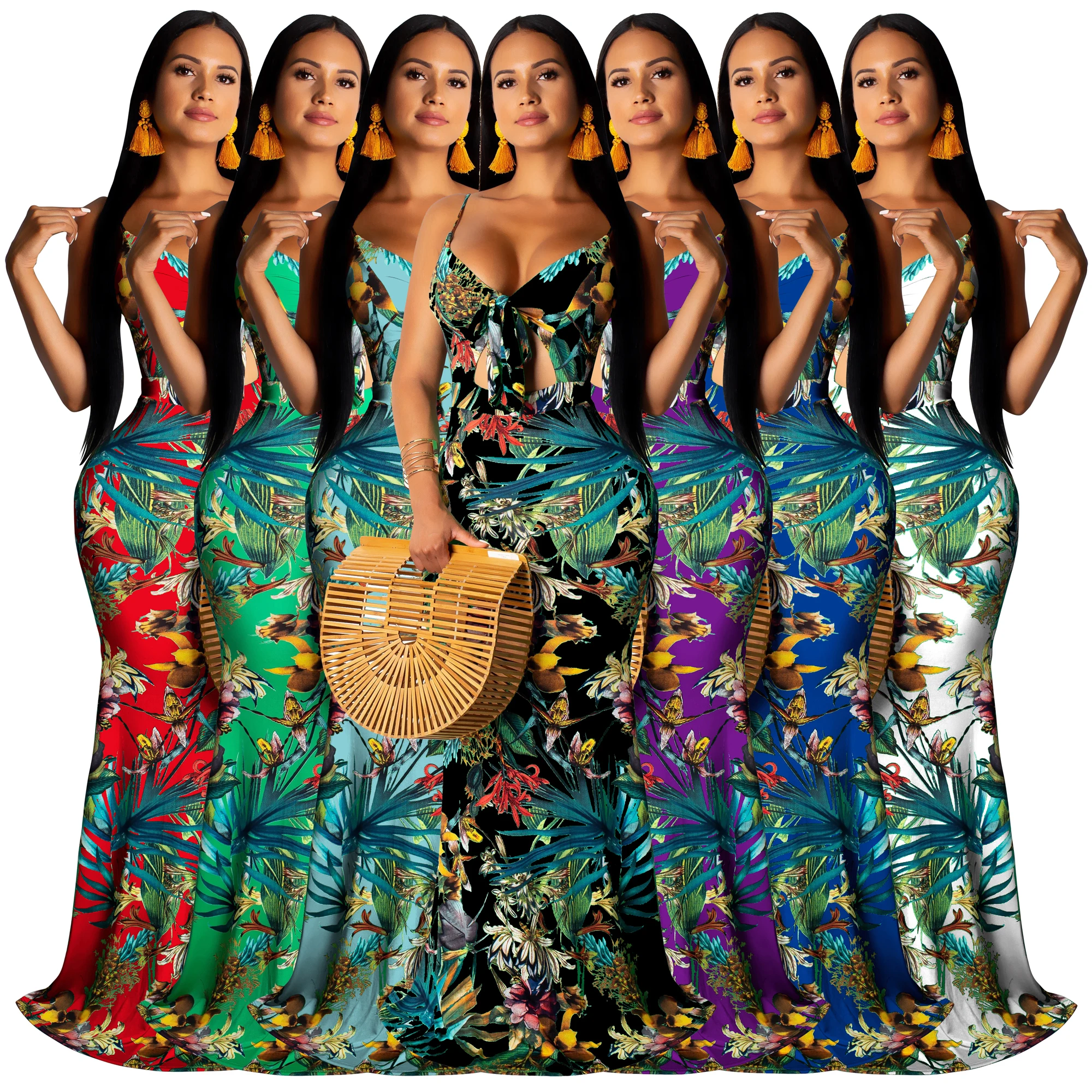 

2019 Fashion Colorful Printed One Piece Women Night Sexy Evening Dress, Blue