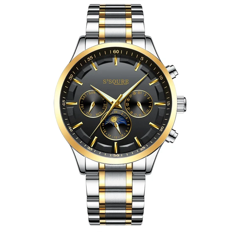 

Popular Gold Black Man Watches Fashion Automatic Self-Wind Full Genuine Moon Phase Multi-Functional Luxury Clock, Any color are available