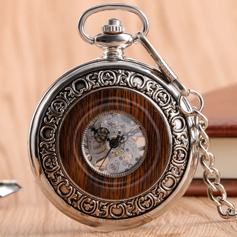 

Creative Vintage Wood Style Steampunk Windup Skeleton Mechanical Pocket Watch