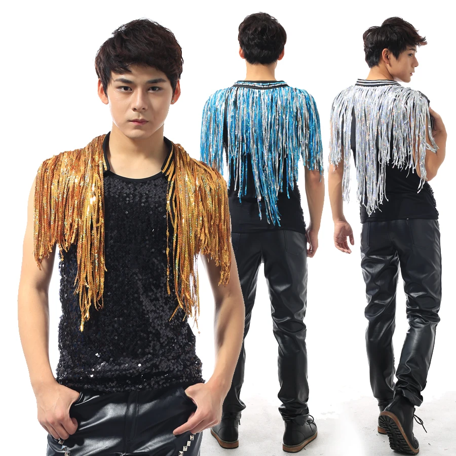 

Beyonce Bar Singer DS Costume Men'S Flash Drill Super Long Fringe Tassel Vest Jacket Men Rave Clothes Jazz Sequin Tops DNV10064, Golden;silverblue