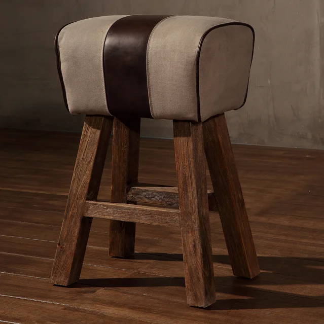 Loft Style Wood Leg Vintage Leather Canvas Industrial Stool for Living Room.png