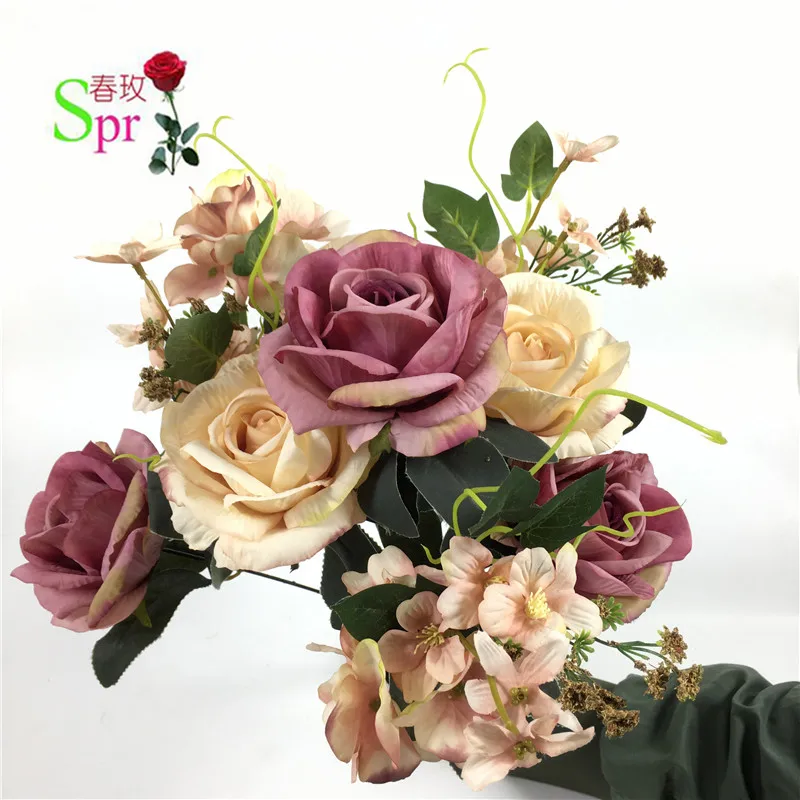 

SPR Cheap wholesale artificial silk rose bud flower mini bouquet for party home decorative flowers arrangement