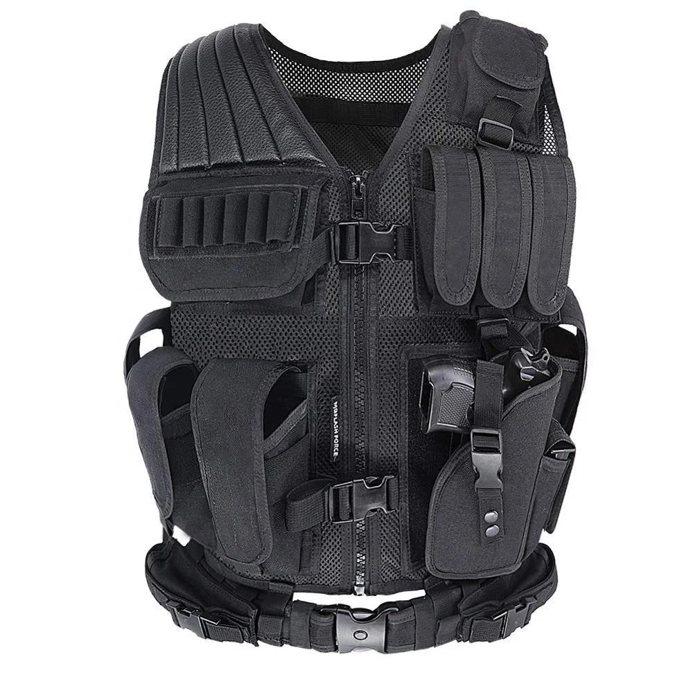 

KMS Military Outdoor Hunting Combat Security Wholesale Air Soft Adjustable Tactical Molle Vest With Pistol Holster, Black