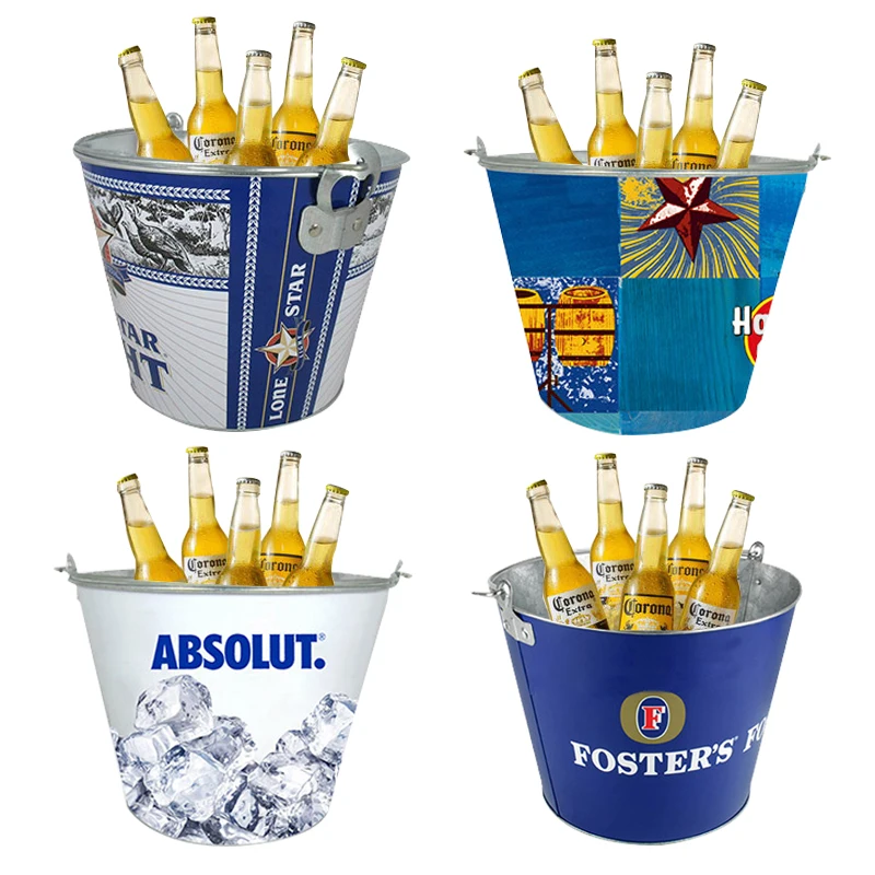 

Wholesale logo Colored Printing bar party Round Beer Champagne wine Galvanized Iron Tin Metal Ice Bucket with handle, Custom color you want