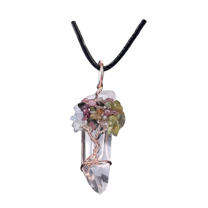 

Chakra Stone Gemstone Tree of Life Necklace with Wire Wrapped Natural Clear Quartz Healing Crystal Point Pendant, As is or customized