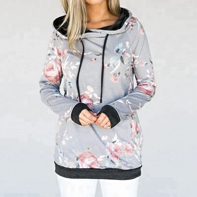 

Autumn Winter Women Female Long Sleeve Pockets Jersey Hoody Plus Size Top Sweatshirts Pullovers Floral Digital Printed Hoodies, Custom color jersey cotton hoody