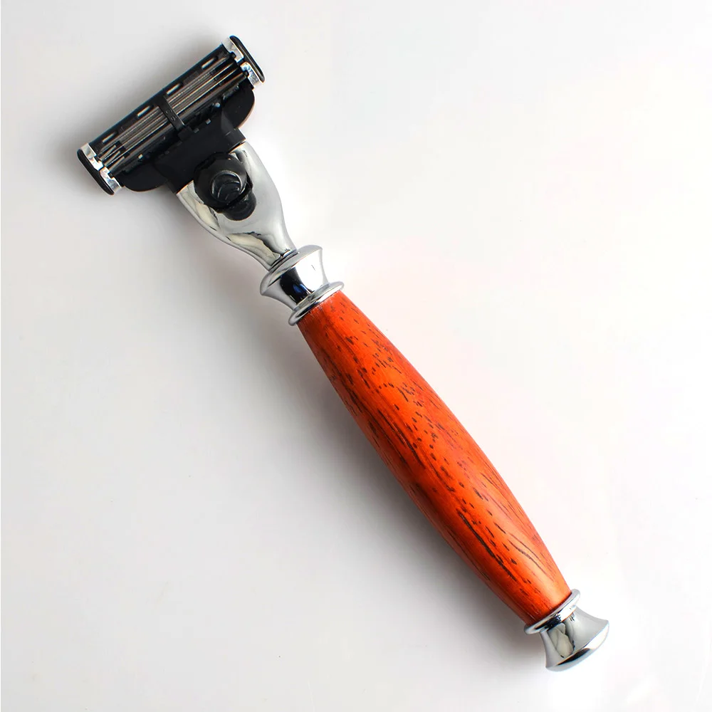 Eco Friendly Shaver Chrome Oak Wood Handle Triple Blades Shaving Safety