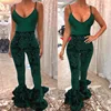 L3973A Popular Wholesale Elegant Women's Green Trendy Velvet Bell Bottom High Waist Flared Basic Pants Trousers
