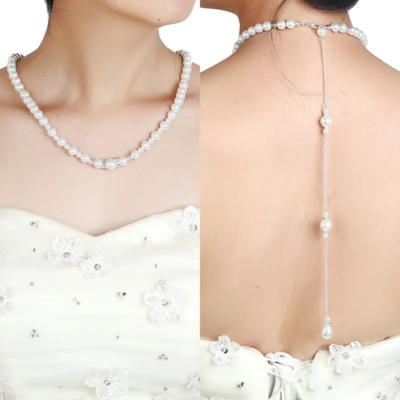 

Wedding Bridal Jewelry Pearl Drop Back Chain Backdrop Necklace, Silver