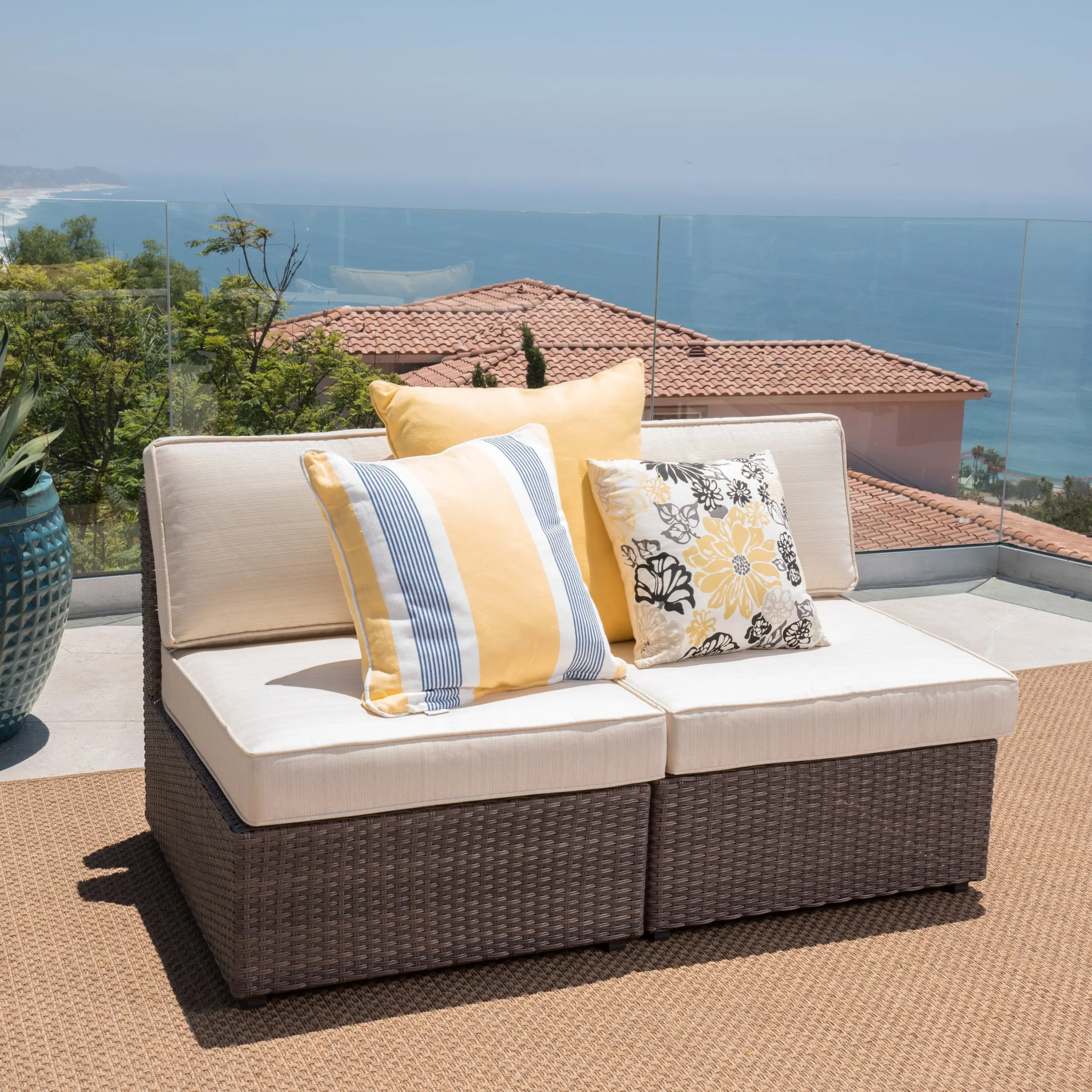 Christopher Knight Home GDF Studio Set of 2 Santa Cruz Outdoor Hazelnut Brown Wicker Armless Sectional Sofa Seat with Beige Water Resistant Cushions