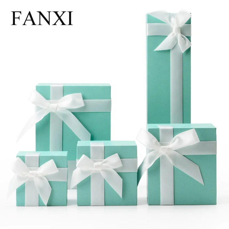 

FANXI Wholesale Finger Ring Necklace Pendant Jewelry Set Boxes Silk Ribbon Gift Packaging Box, Green or customized