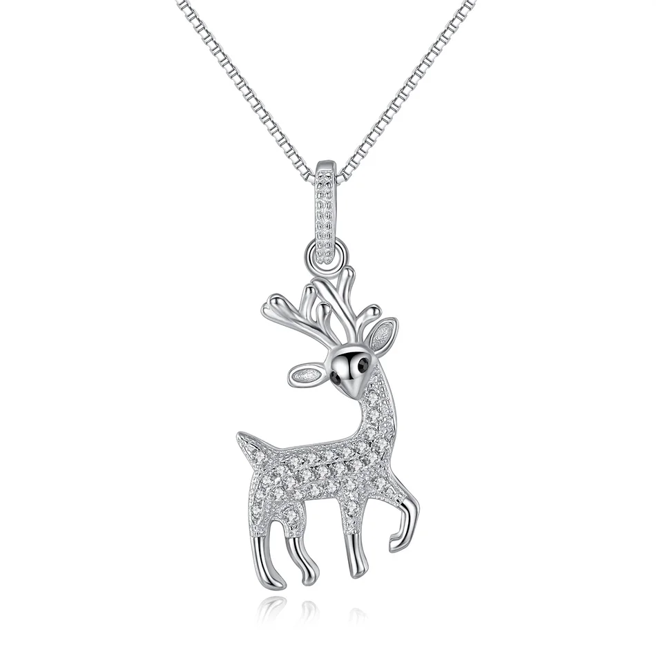 

Christmas 925 Sterling Silver Animal Deer Elk Pendant Necklace With Rhinestones For Fashion Women Jewelry Wearing