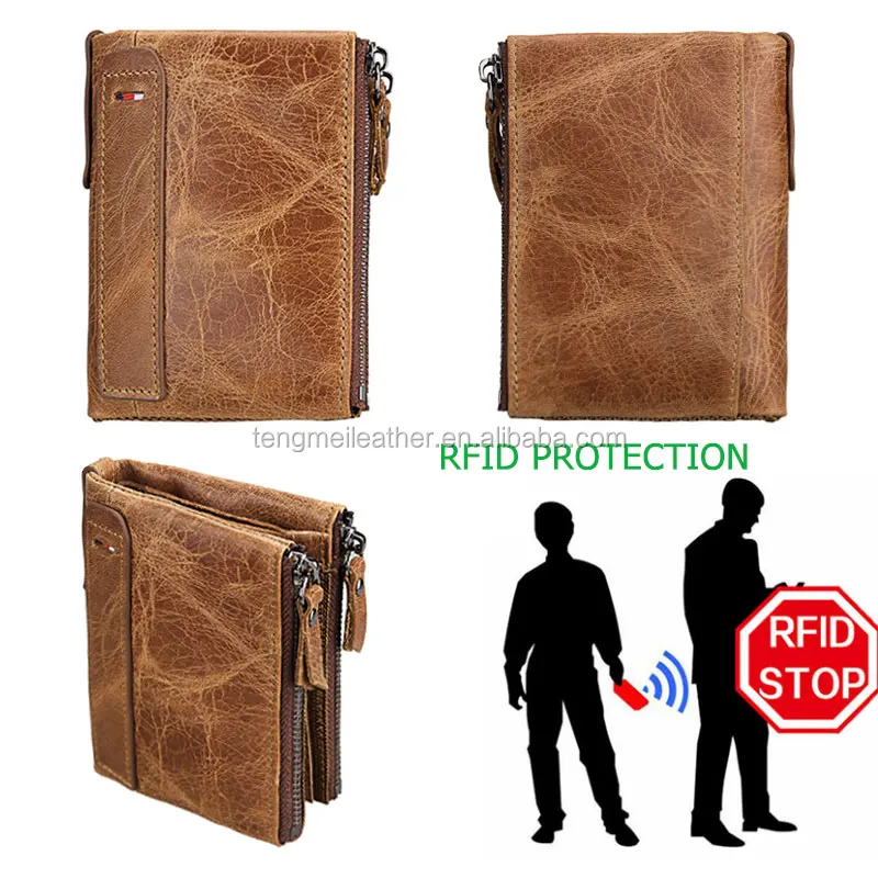 Genuine Leather Men's Wallet with Small Zipper Pocket - RFID Protected