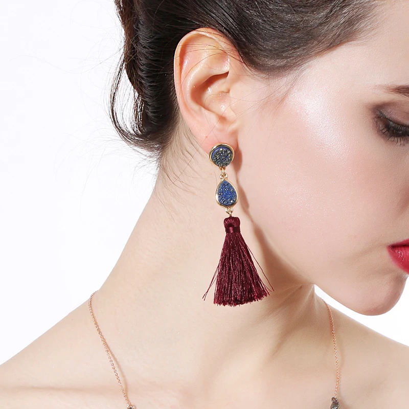 

sophisticated popular 2020 murano resin acrylic acetate Dark Red Thread Tassel Party Indian jewellery Set Women Punk Earrings, Gold