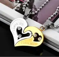 

316L Stainless Steel Crystal Pendants Necklace Set Engrave I Love You Love Half Heart Shaped Couple Necklace for Lovers Couples